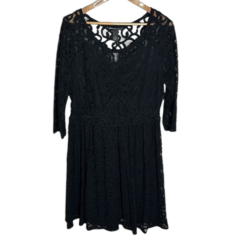 Lane Bryant Black Lace Midi Dress 3/4 sleeve gathered detail Boat-neck Size 18